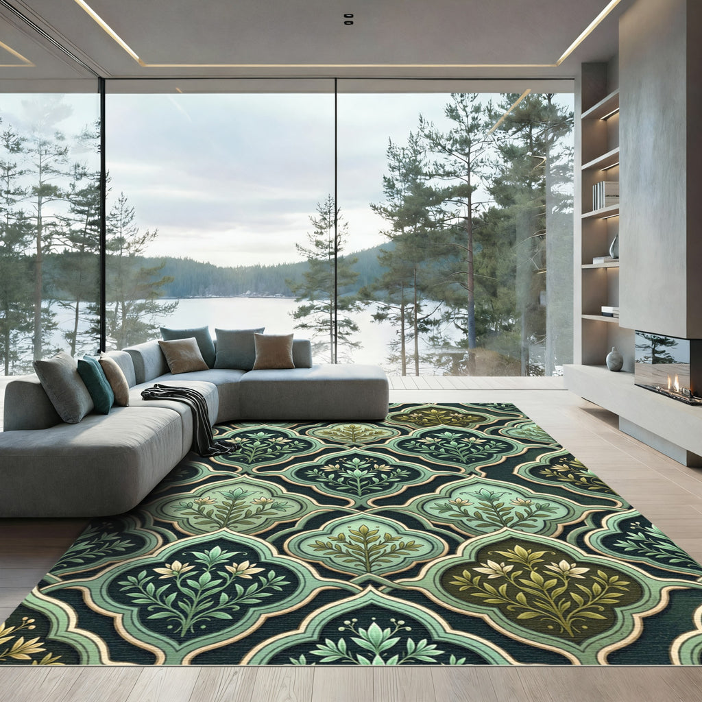 Green Floral Arabesque Lattice Rug