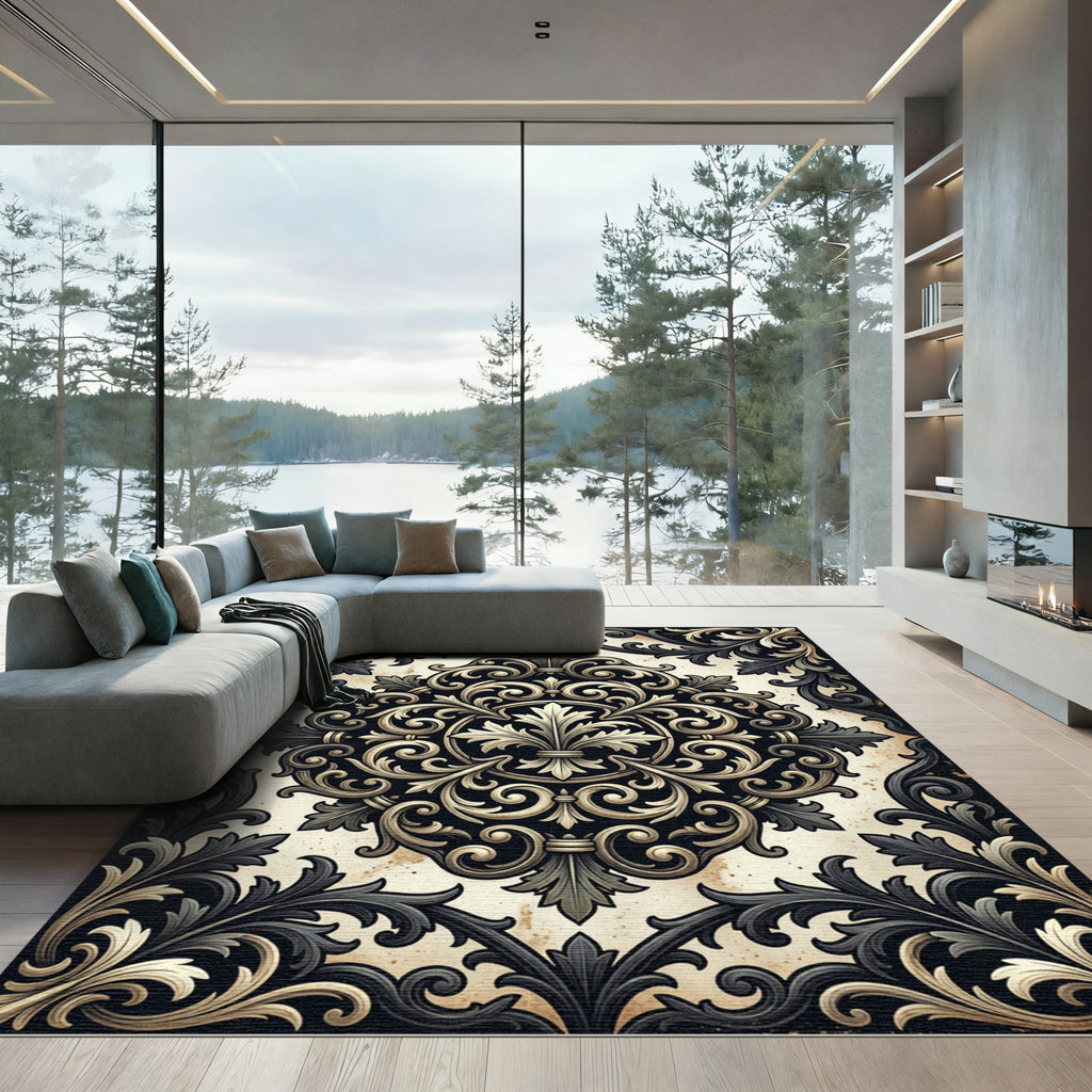 Elegant Black Gold Damask Medallion Rug