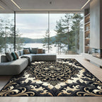 Elegant Black Gold Damask Medallion Rug