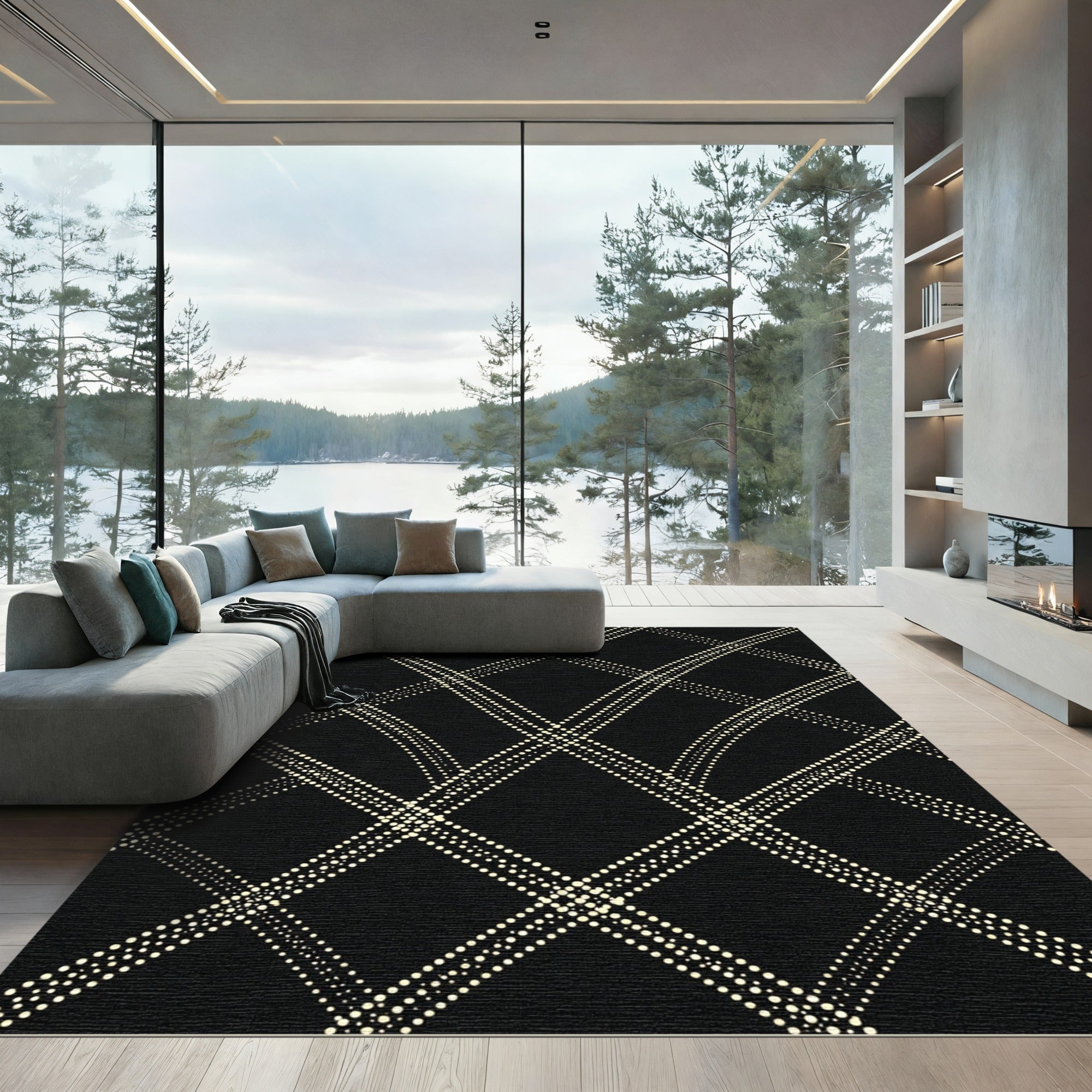 Classic Black Diamond Grid Dots Rug