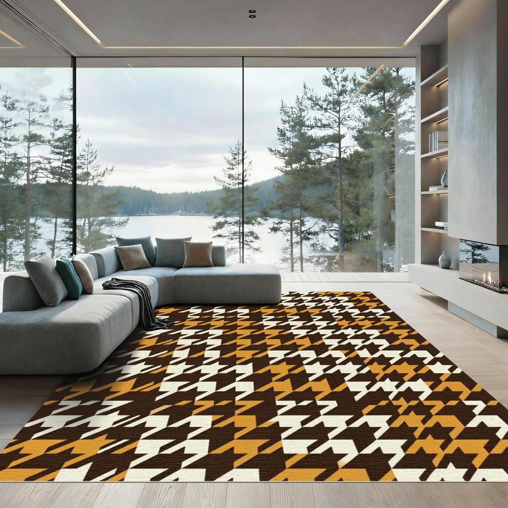 Classic Houndstooth Brown Gold Rug