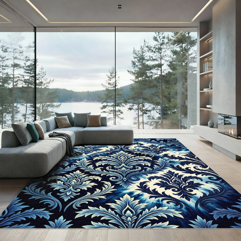 Deep Blue Traditional Acanthus Leaf Rug