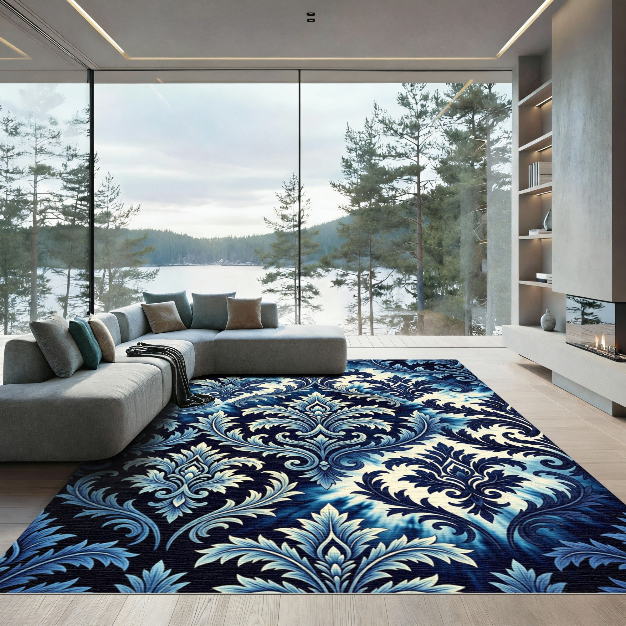 Deep Blue Traditional Acanthus Leaf Rug