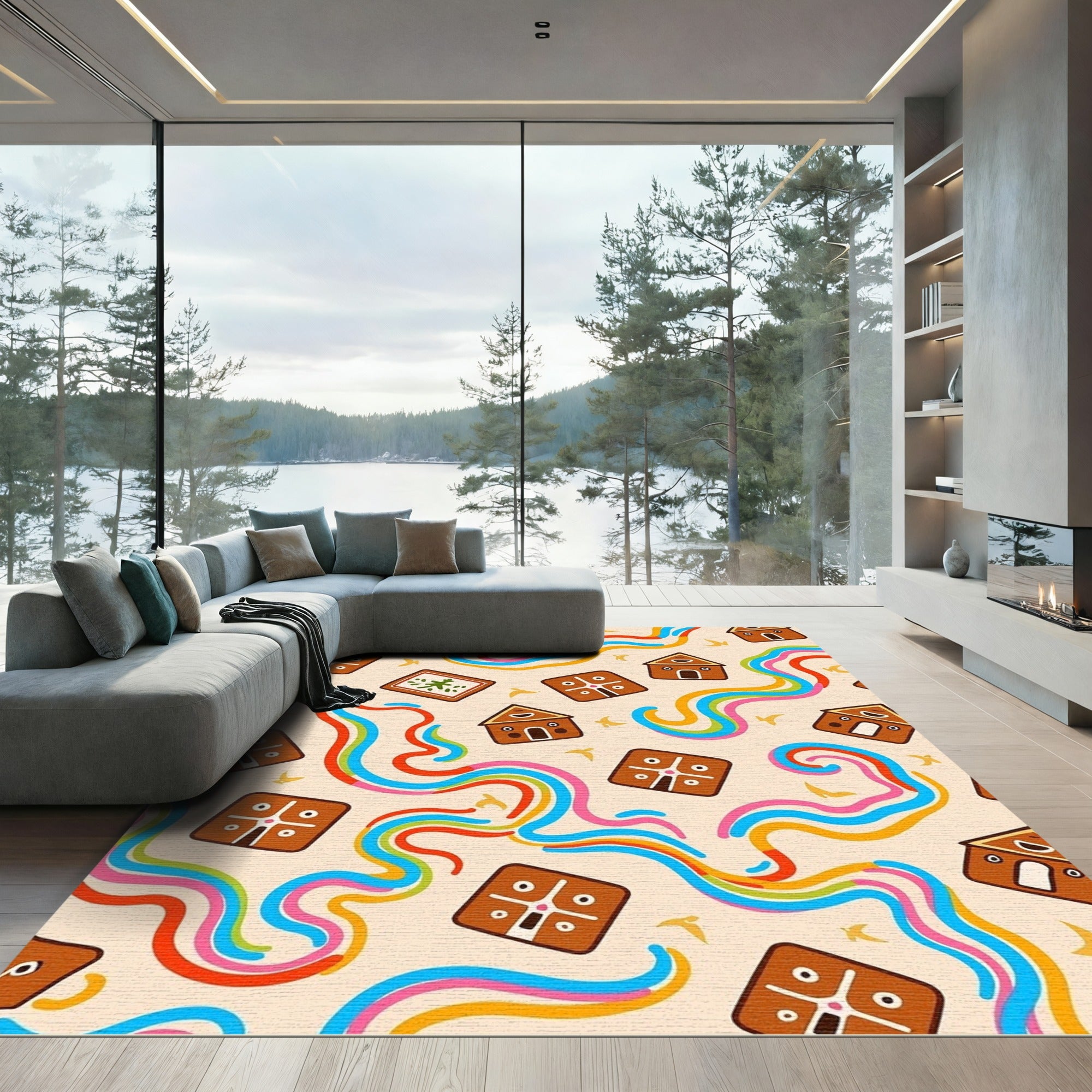 Whimsical Rainbow Houses Whimsical Birds Rug