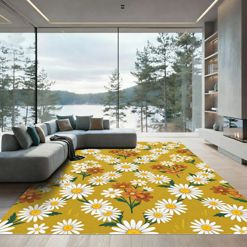 Retro Golden Mustard Daisy Meadow Rug