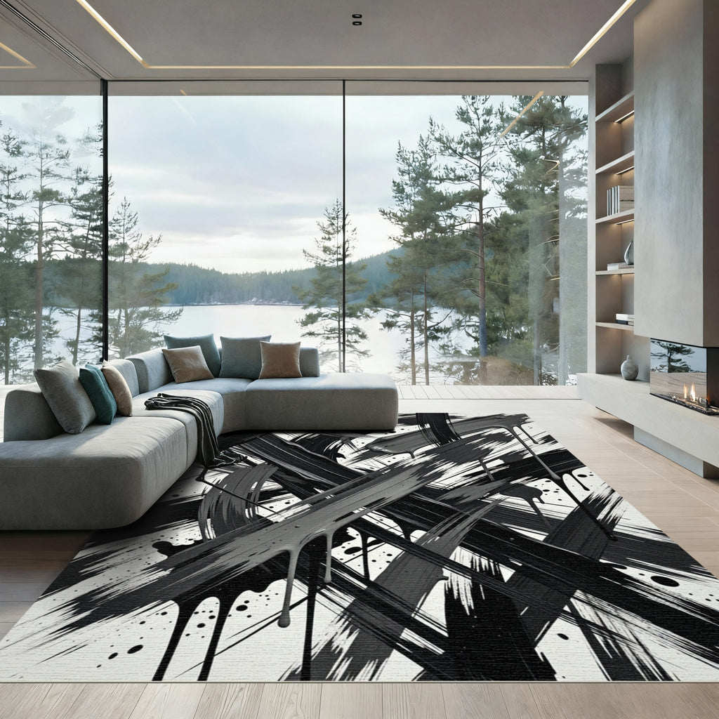Dynamic Black Paint Drip Brushstrokes Rug
