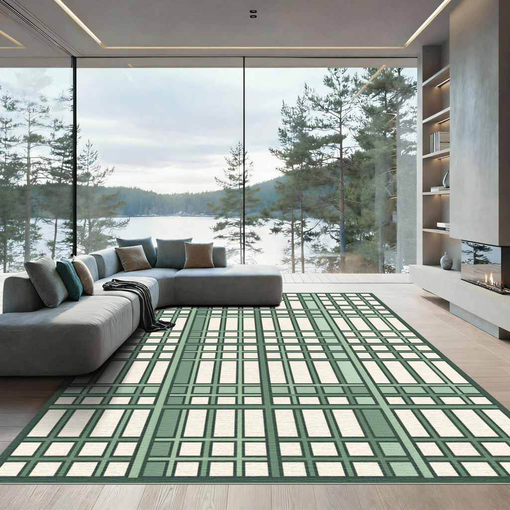 Sage Green Linear Plaid Grid Rug