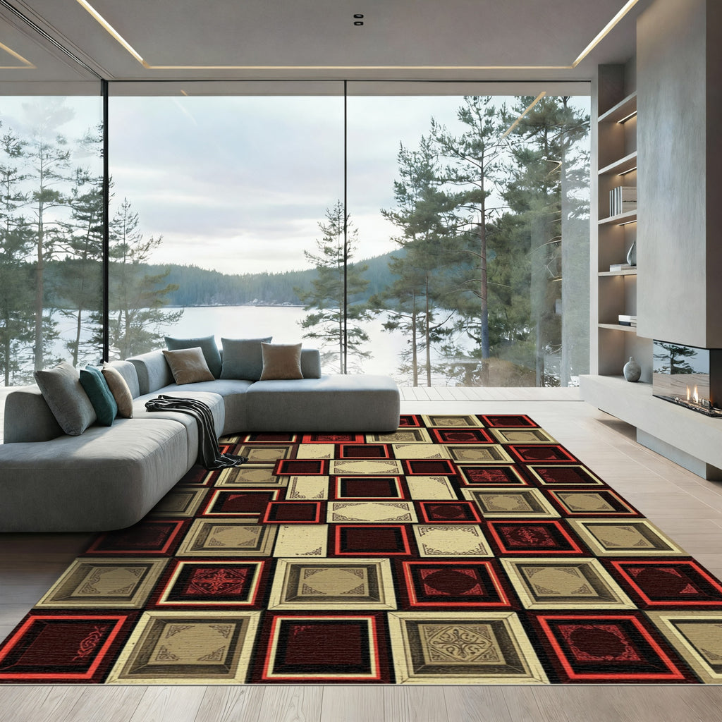 Antique Red Square Frame Medallion Rug