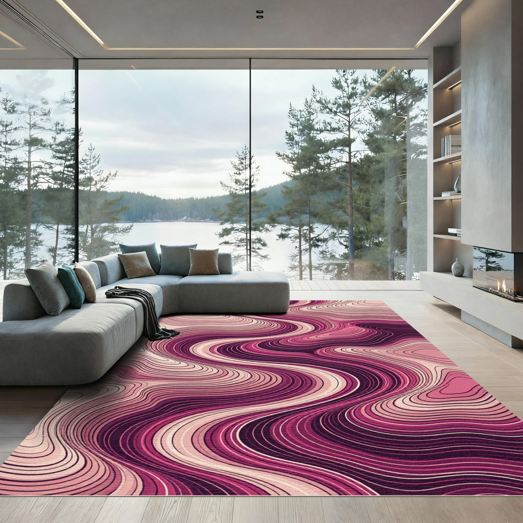 Rose Pink Abstract Contour Waves Rug