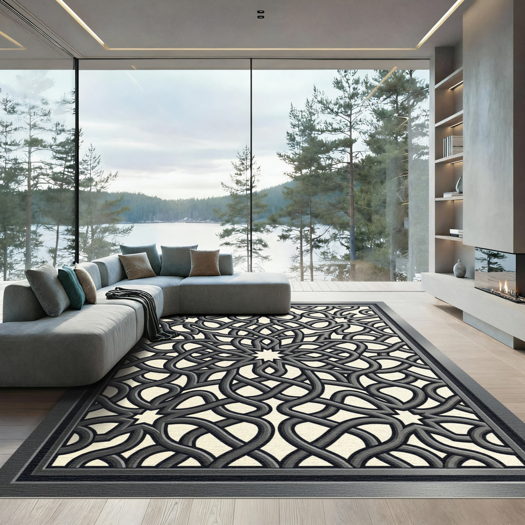 Elegant Gray Interlocking Knot Medallion Rug