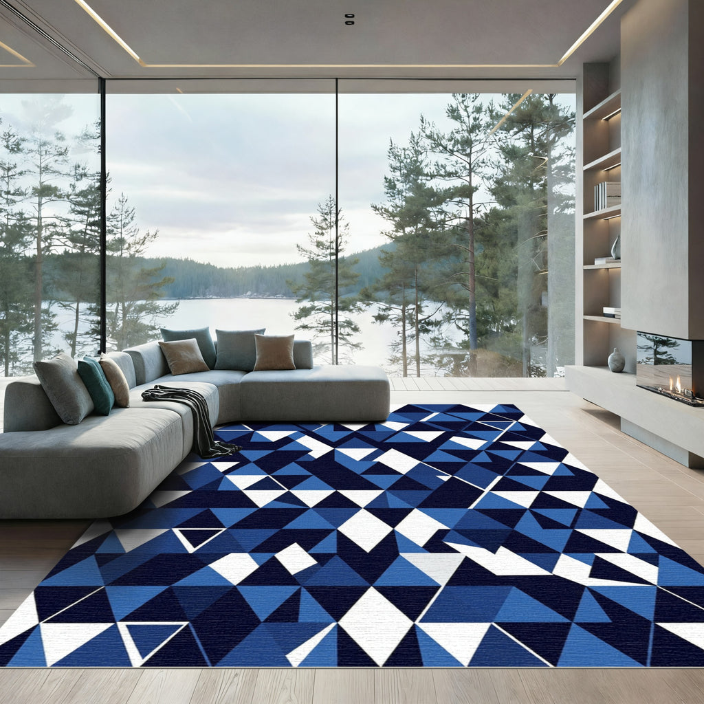 Deep Blue White Geometric Triangles Rug