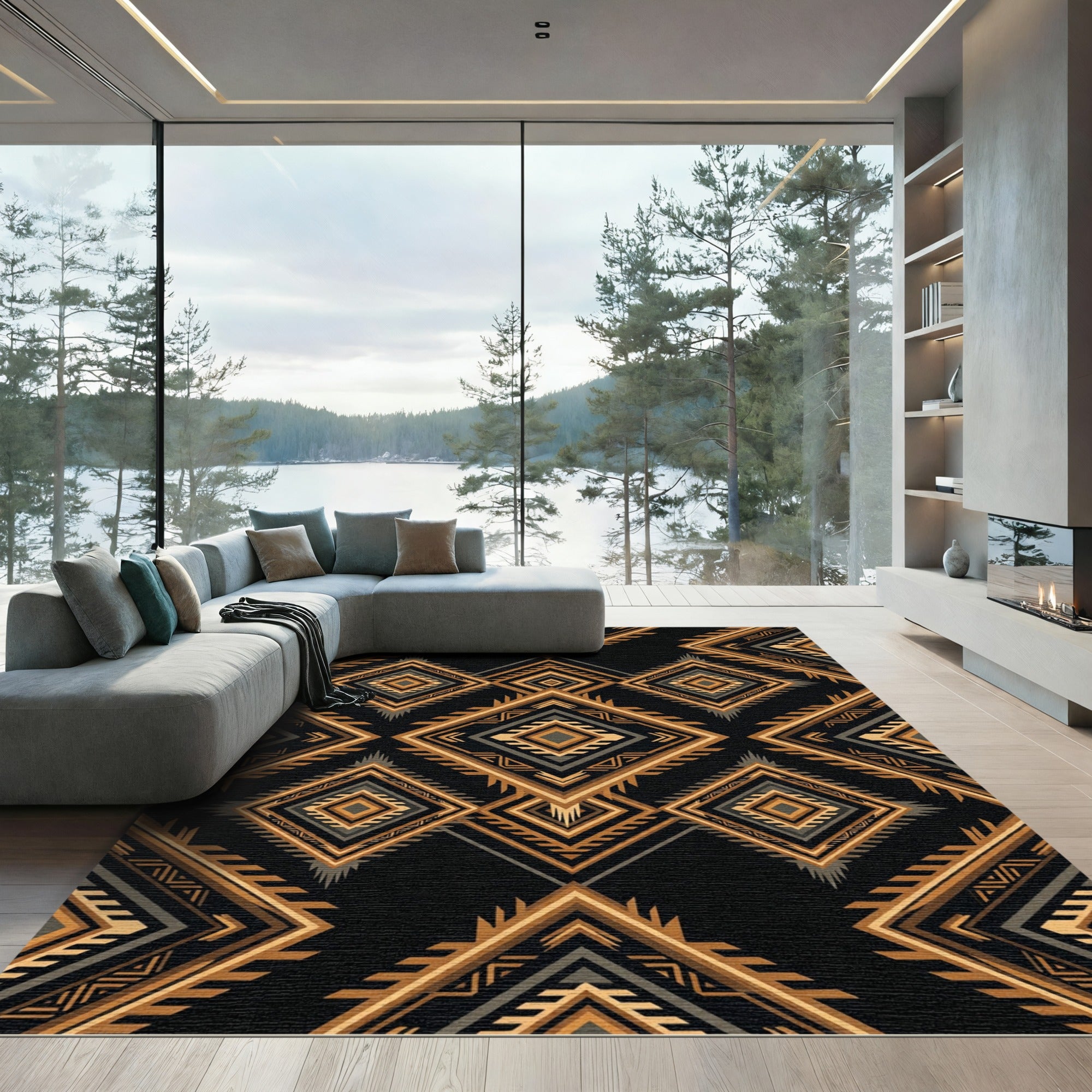 Earthy Gold Geometric Tribal Diamond Rug