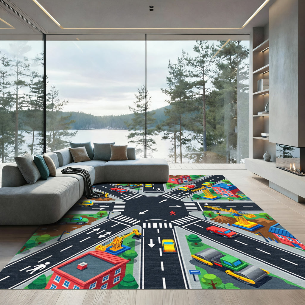 Vibrant Isometric Urban Roadway Cityscape Rug