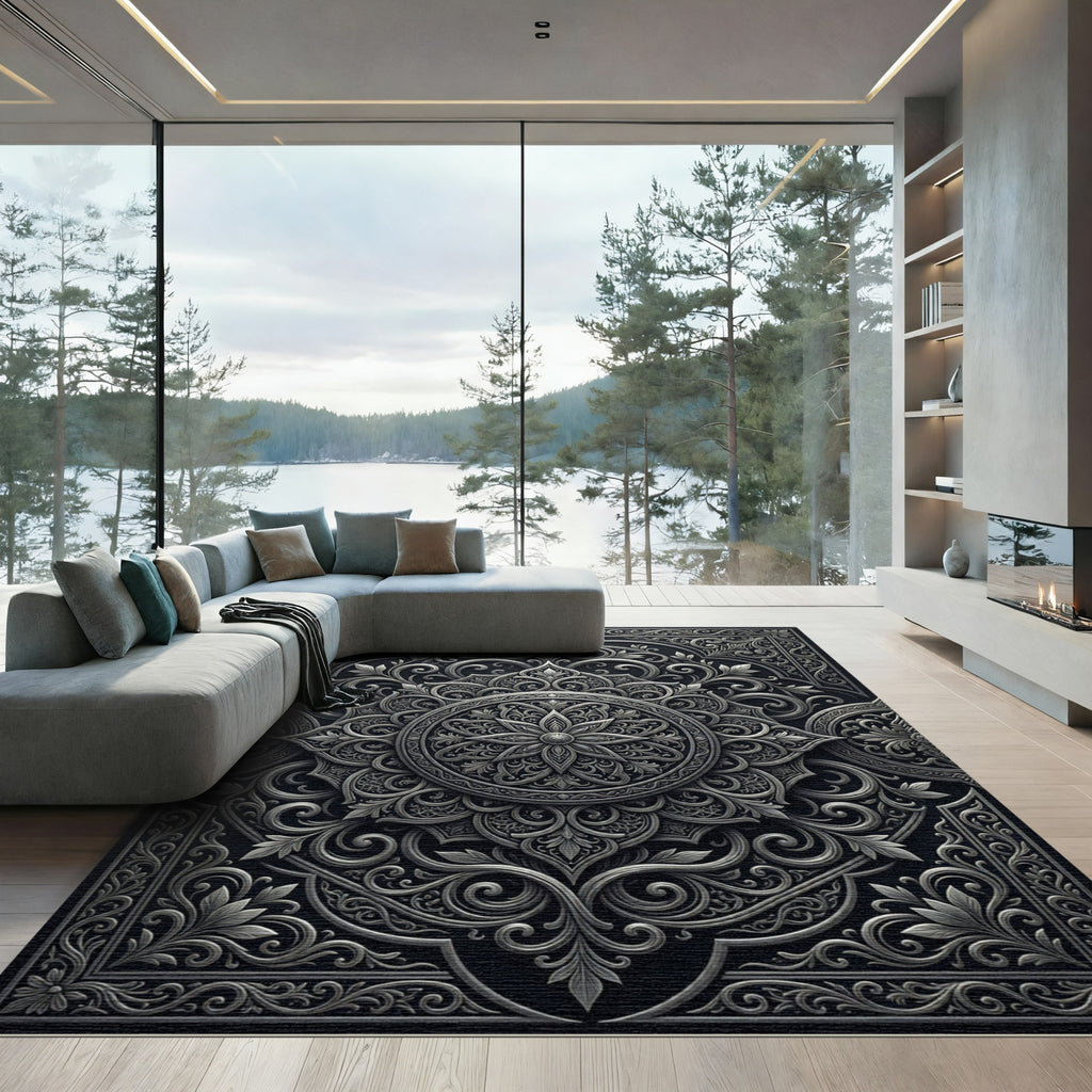 Ornate Gray Floral Mandala Rug