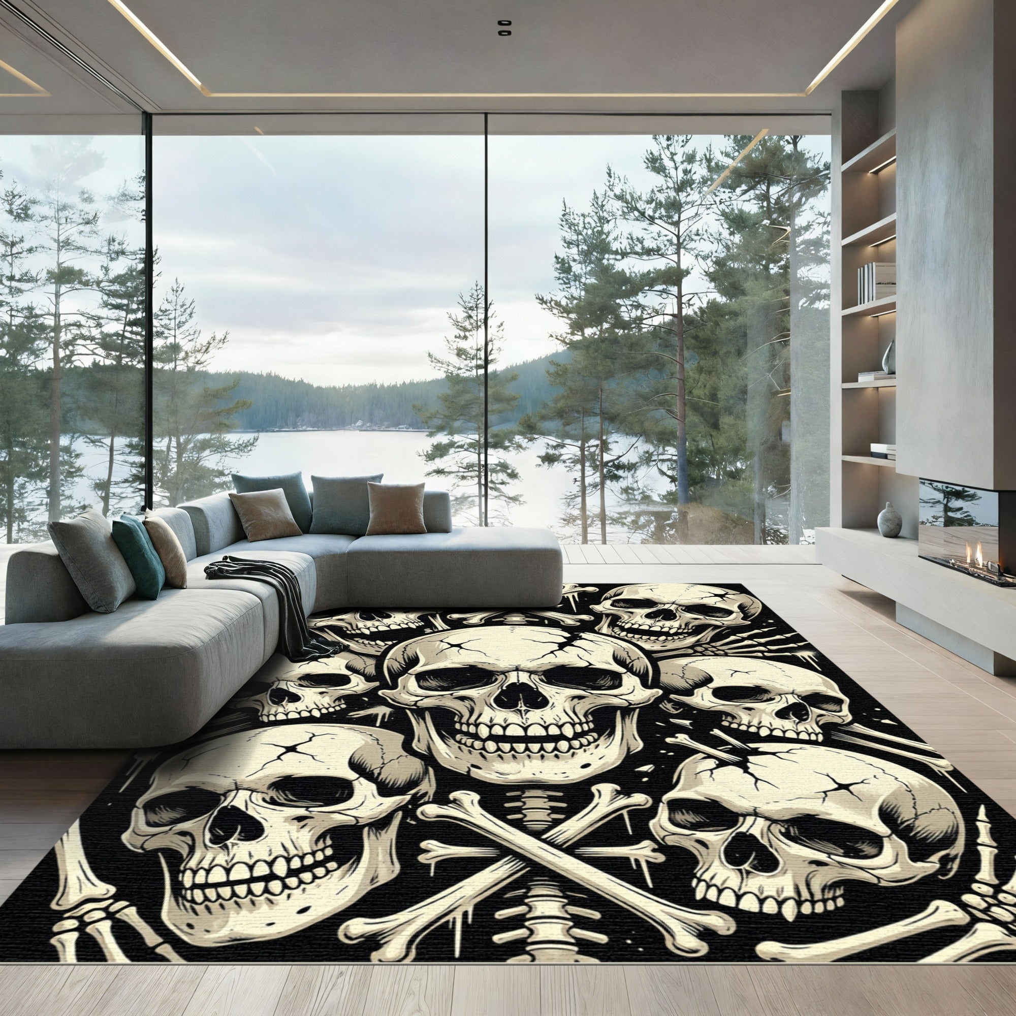 Gothic Monochrome Skull Crossbone Artwork Rug