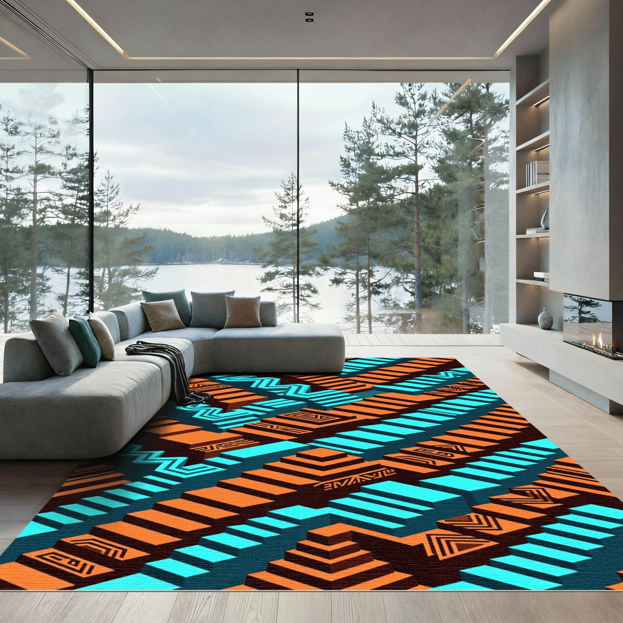 Geometric Turquoise and Orange Step Illusion Rug