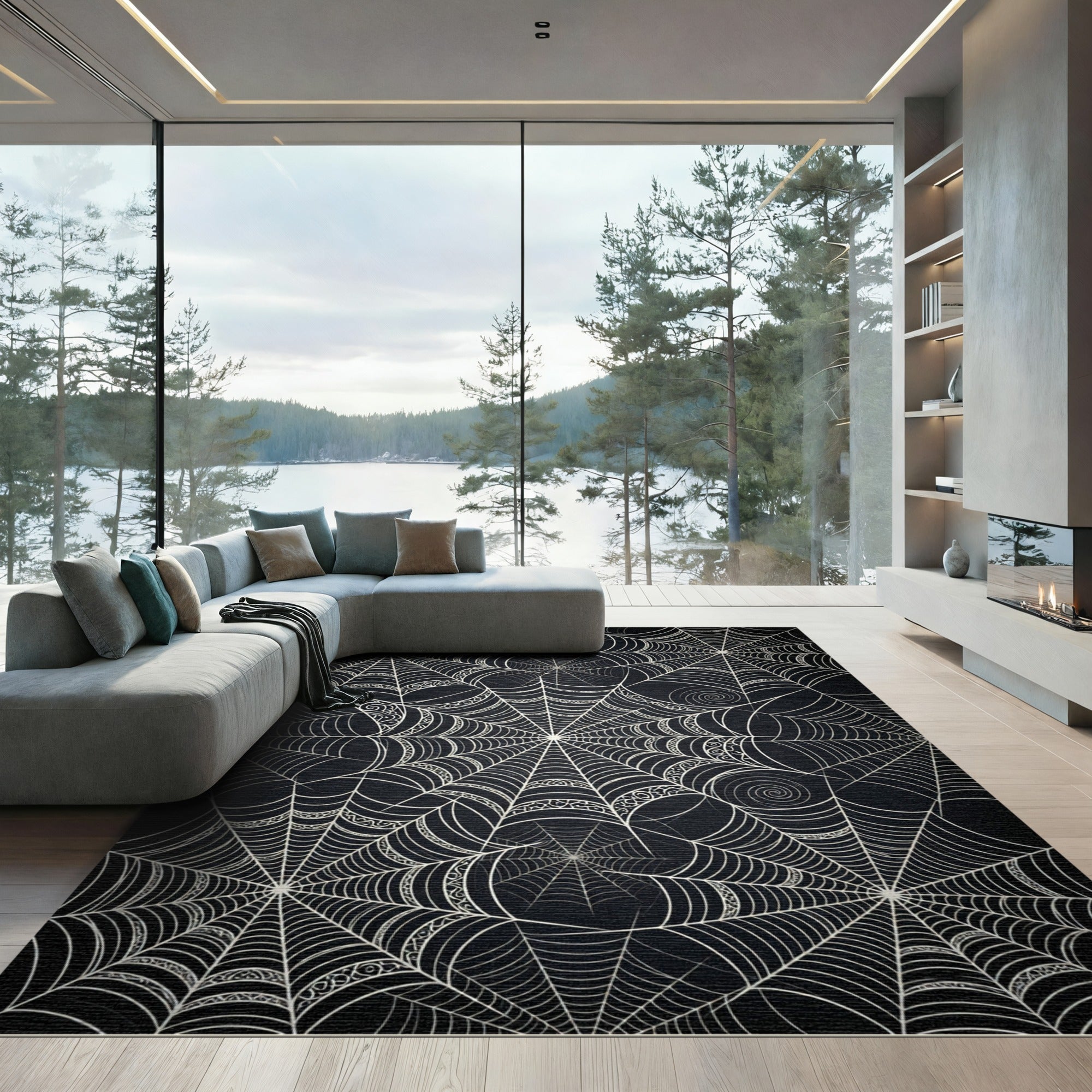 Black White Spiderweb Intricate Web Rug