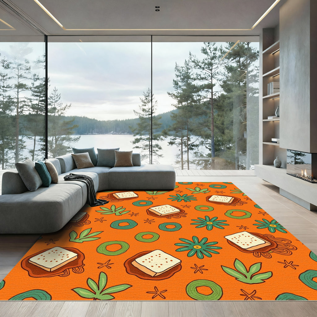 Whimsical Orange Floral Square Arrangement Rug