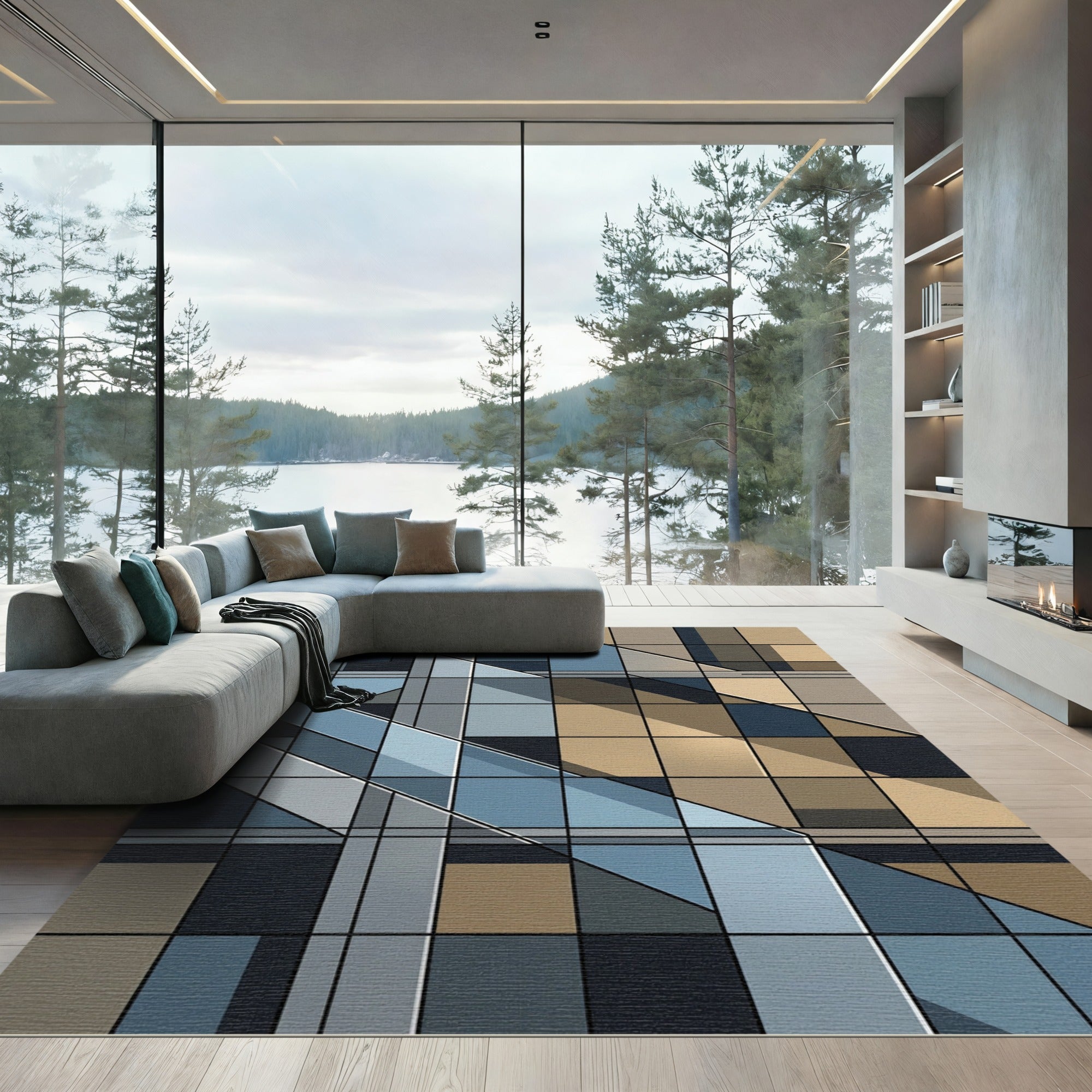 Modern Geometric Slate Blue Grids Rug