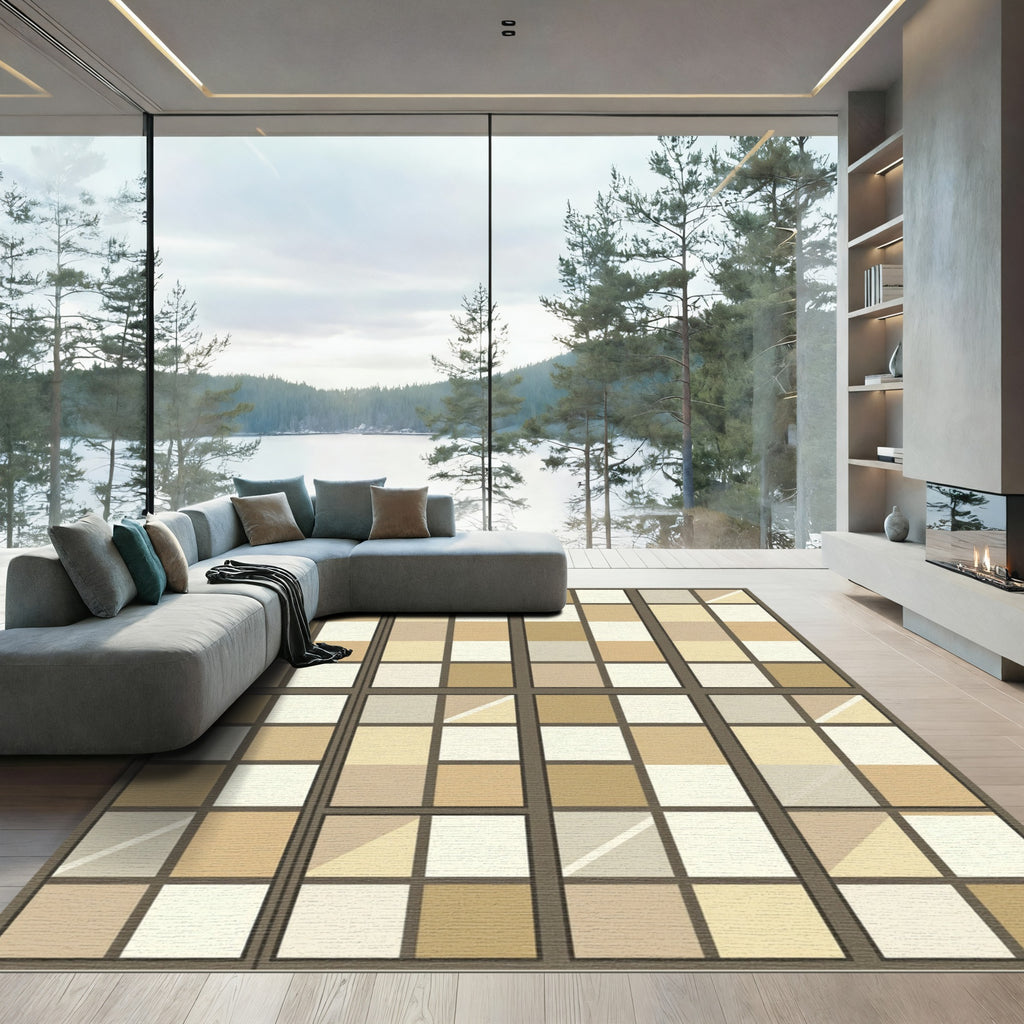 Soft Warm Neutral Square Grid Rug