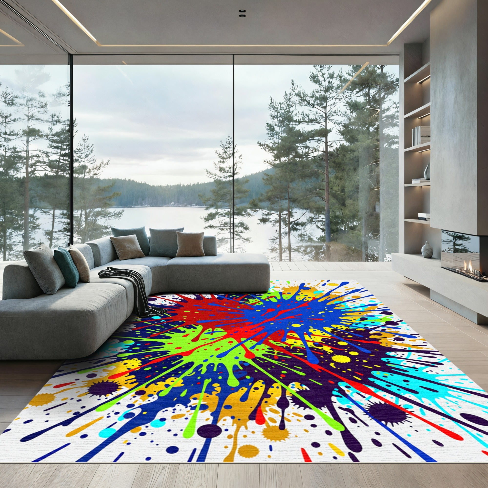 Vibrant Rainbow Colorful Paint Splatter Rug