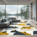 Playful Golden and Charcoal Mouse Illustration Rug