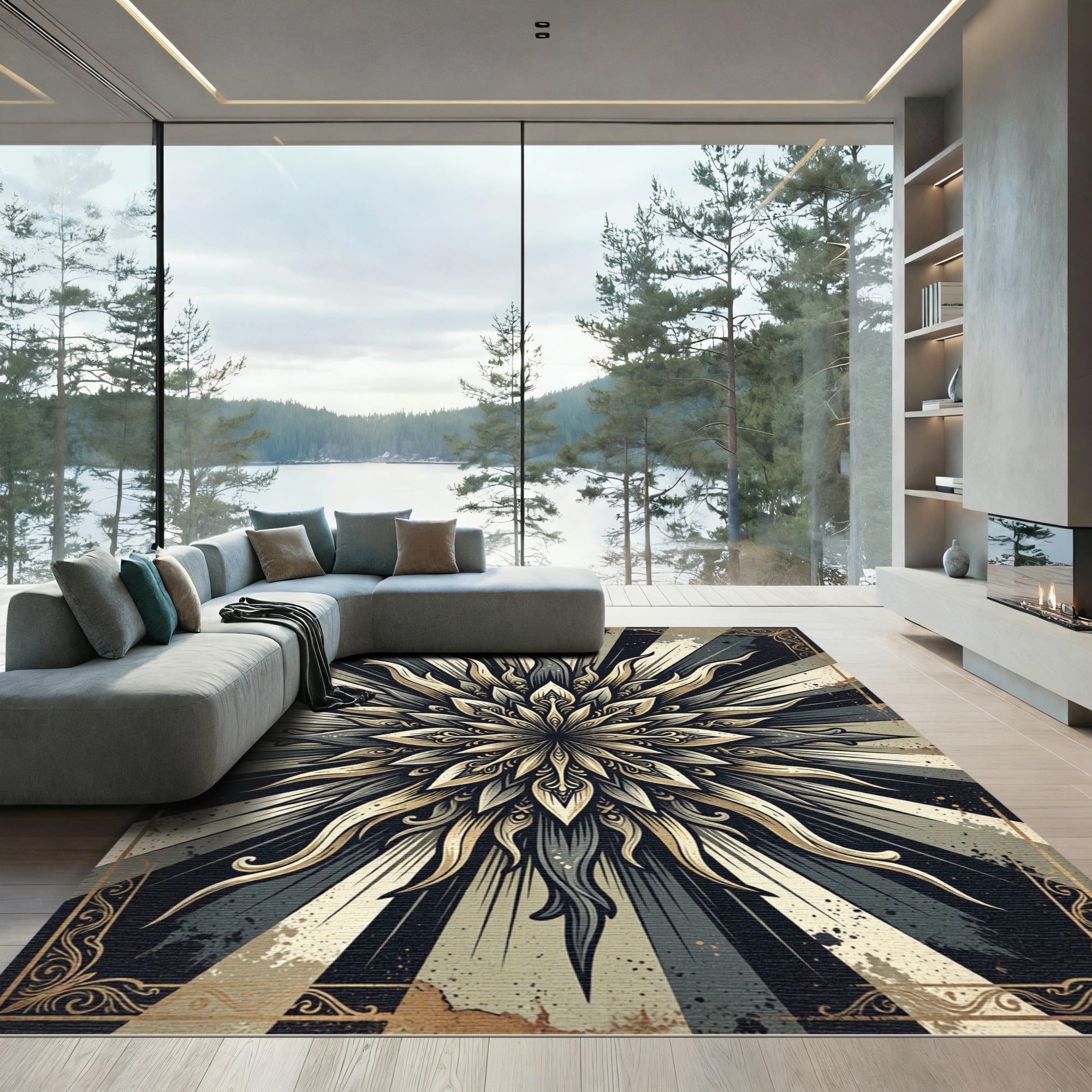 Golden Sunburst Ornate Monochrome Mandala Rug