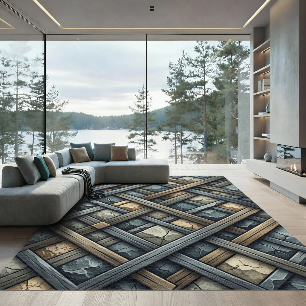 Woven Stone Gray and Golden Lattice Rug