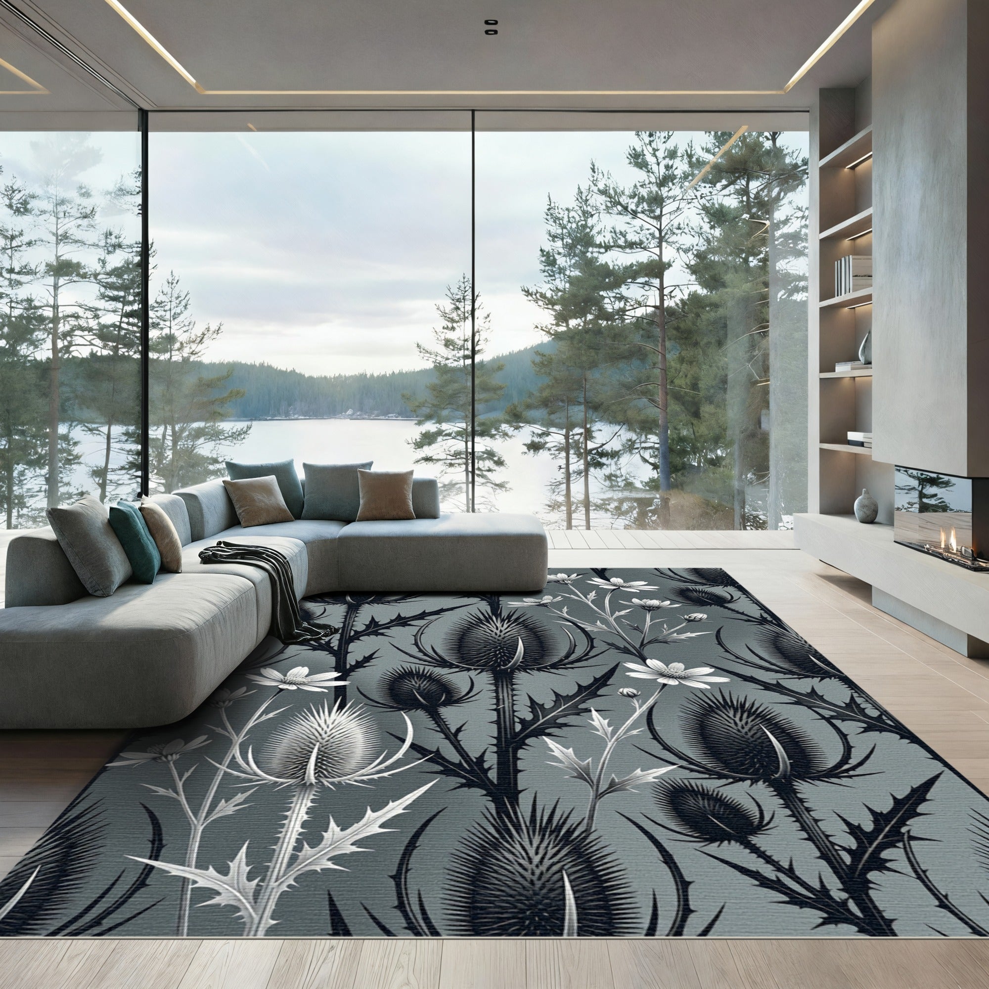 Dark Gray Botanical Thistle Floral Rug