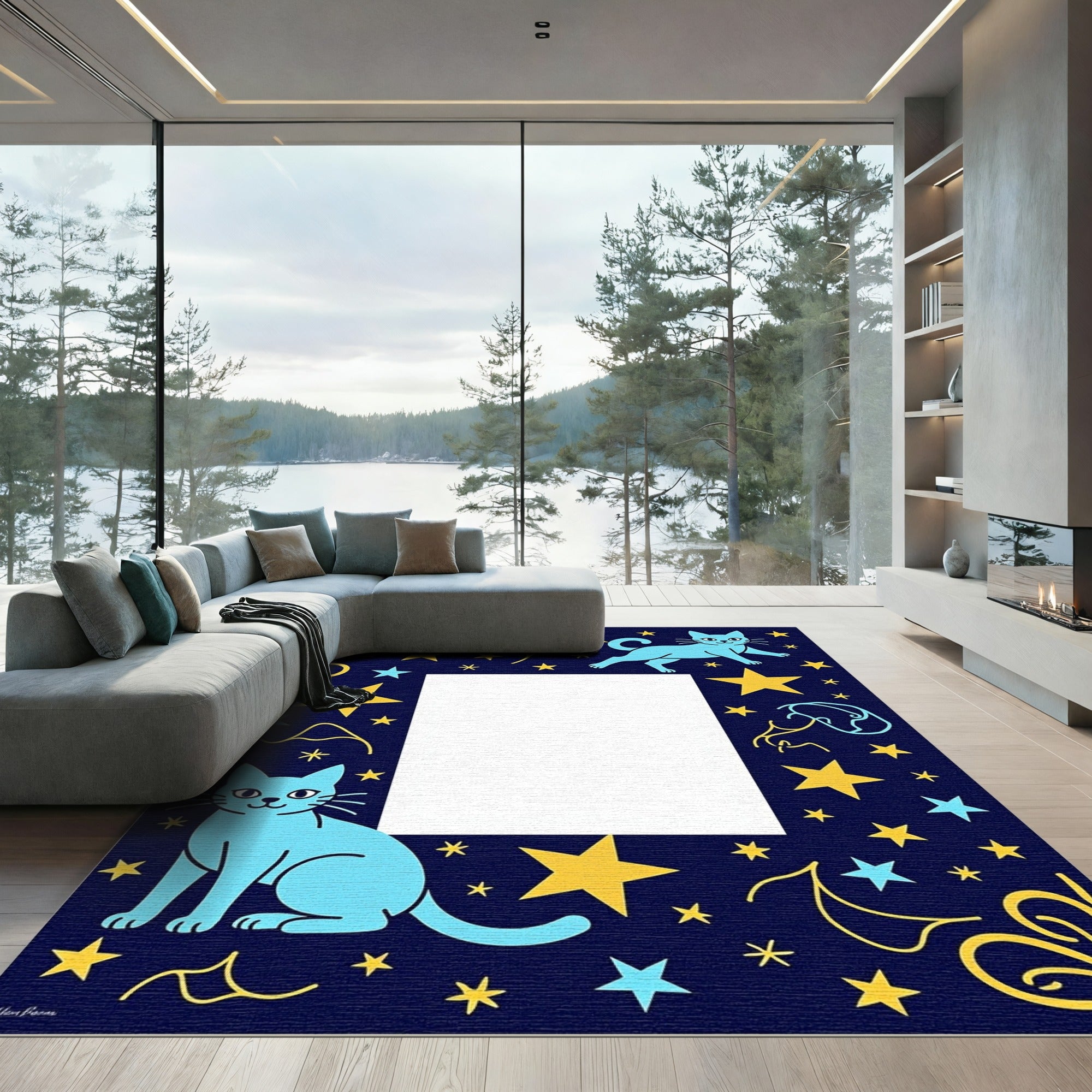 Blue Cats And Yellow Stars Border Rug