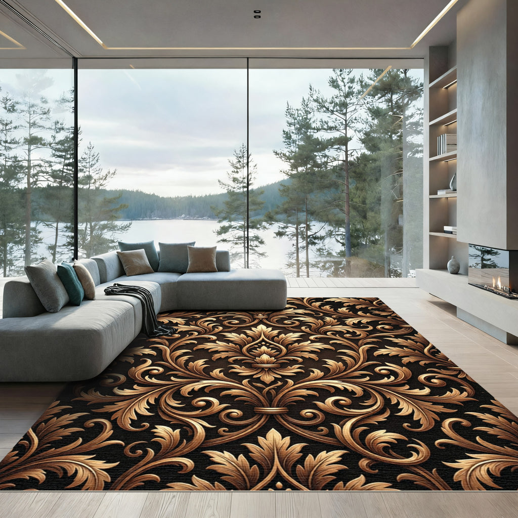 Ornate Golden Scrollwork Damask Rug