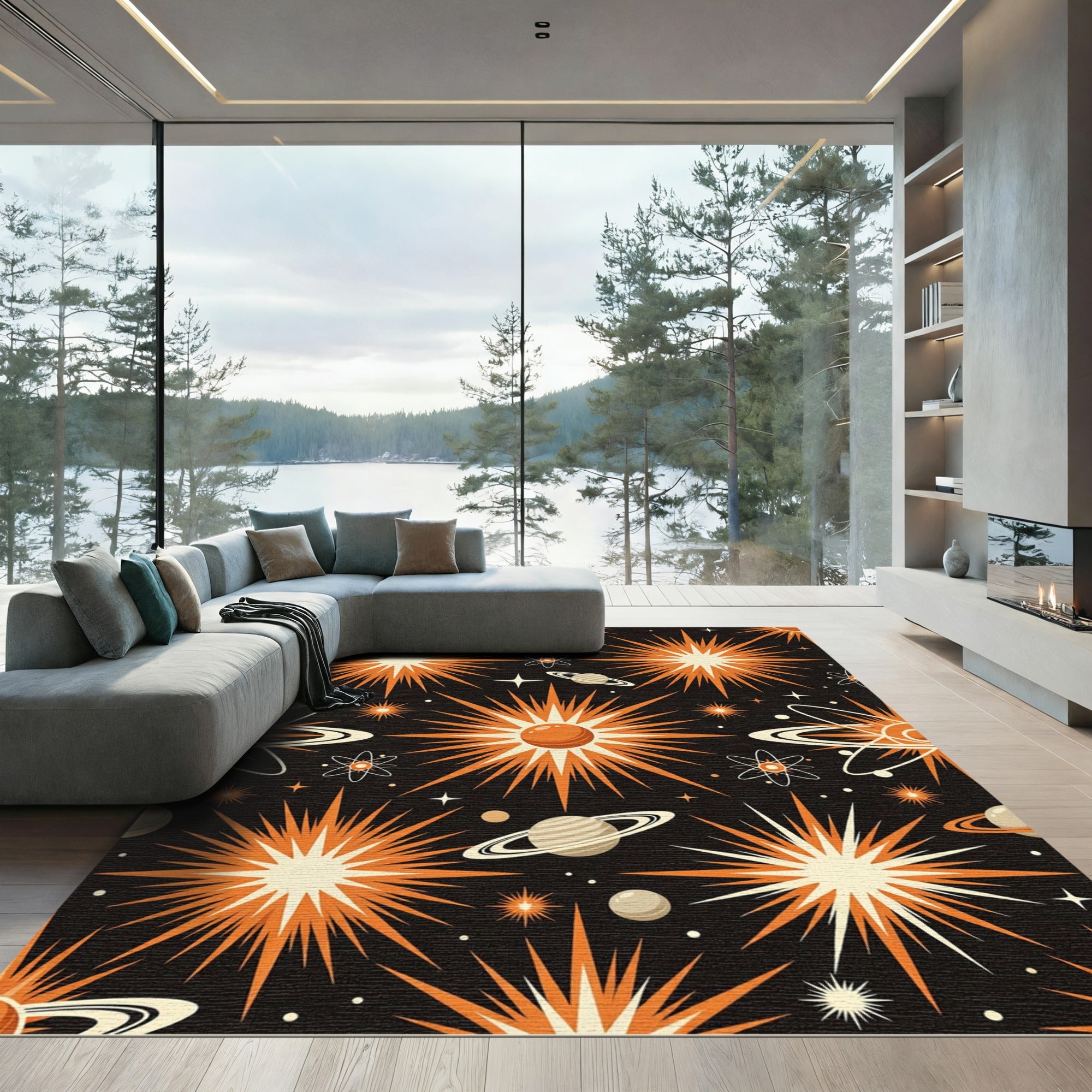 Orange Celestial Retro Starry Cosmos Rug
