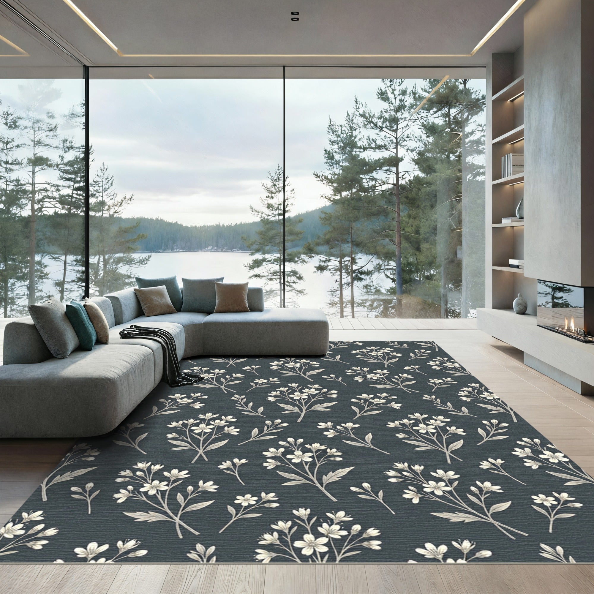 Charcoal White Delicate Branches Rug