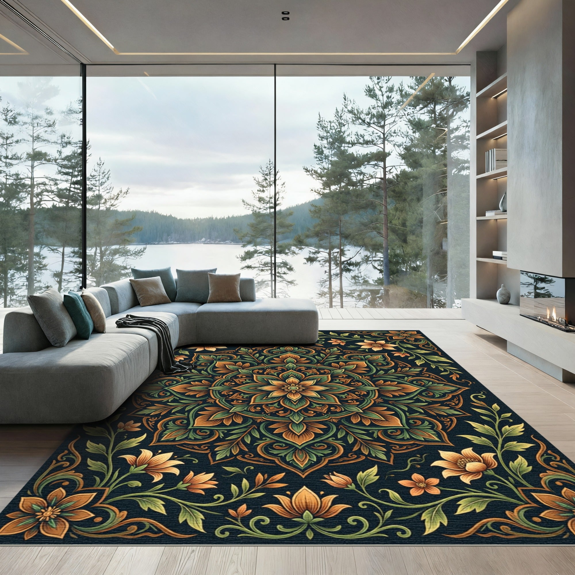 Elegant Emerald and Golden Floral Medallion Rug