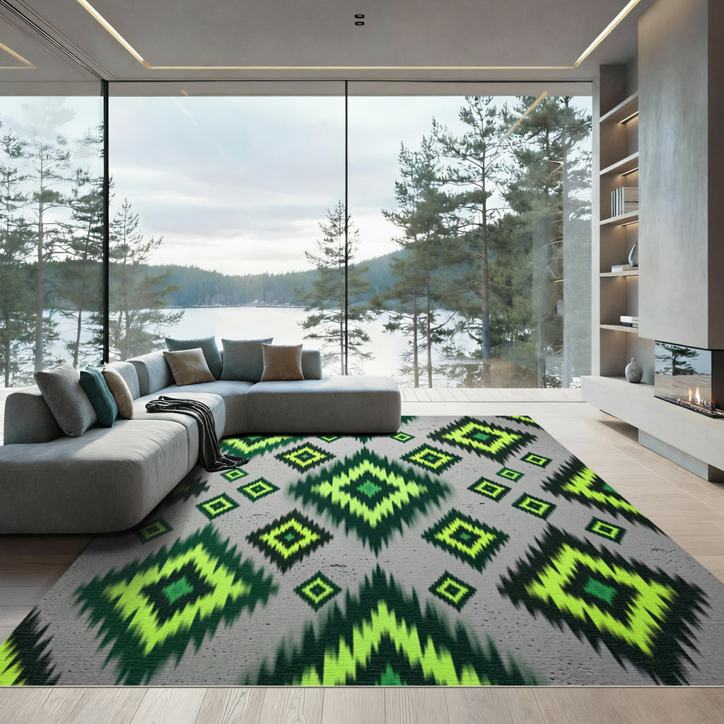 Vibrant Neon Green Ikat Diamond Rug