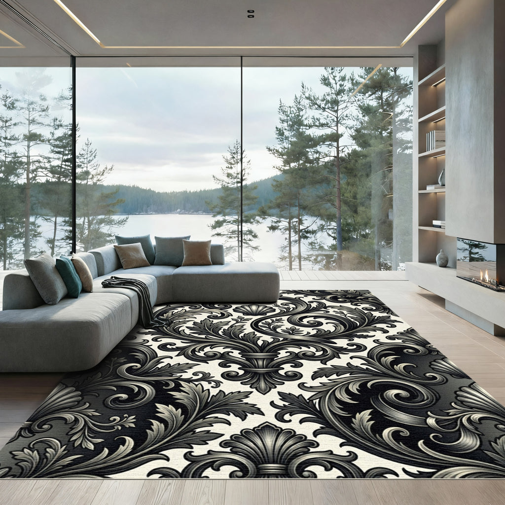 Ornate Black and White Acanthus Scroll Rug