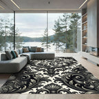 Ornate Black and White Acanthus Scroll Rug
