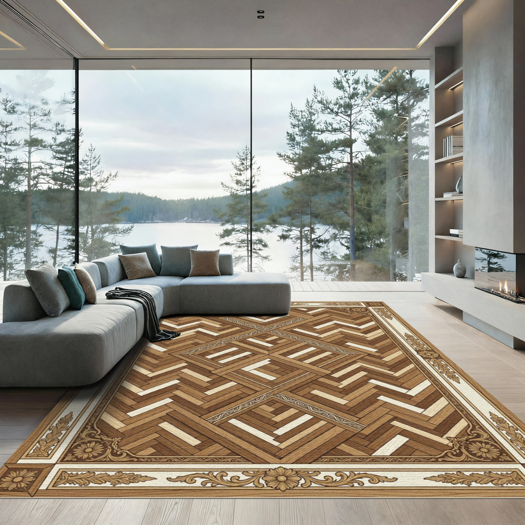 Elegant Wood Tone Parquet Border Rug