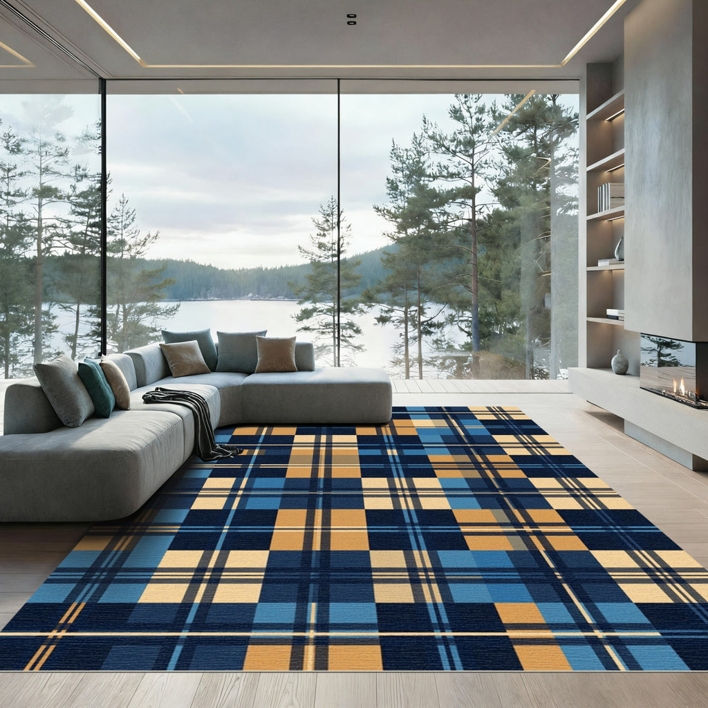 Classic Blue and Gold Plaid Grid Rug
