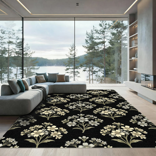 Antique Black White Floral Bouquet Rug