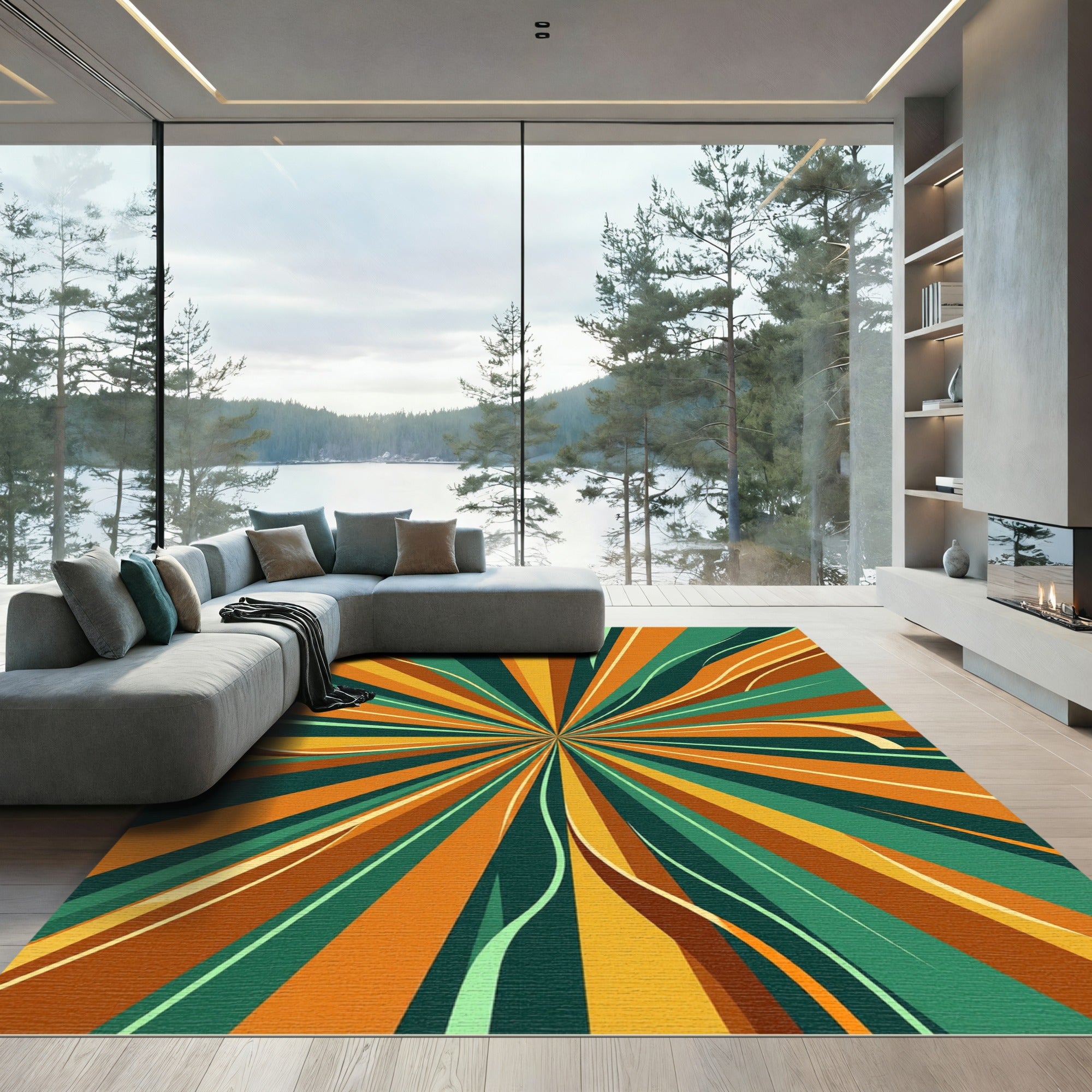Retro Radiant Sunburst Abstract Gold Forest Rug