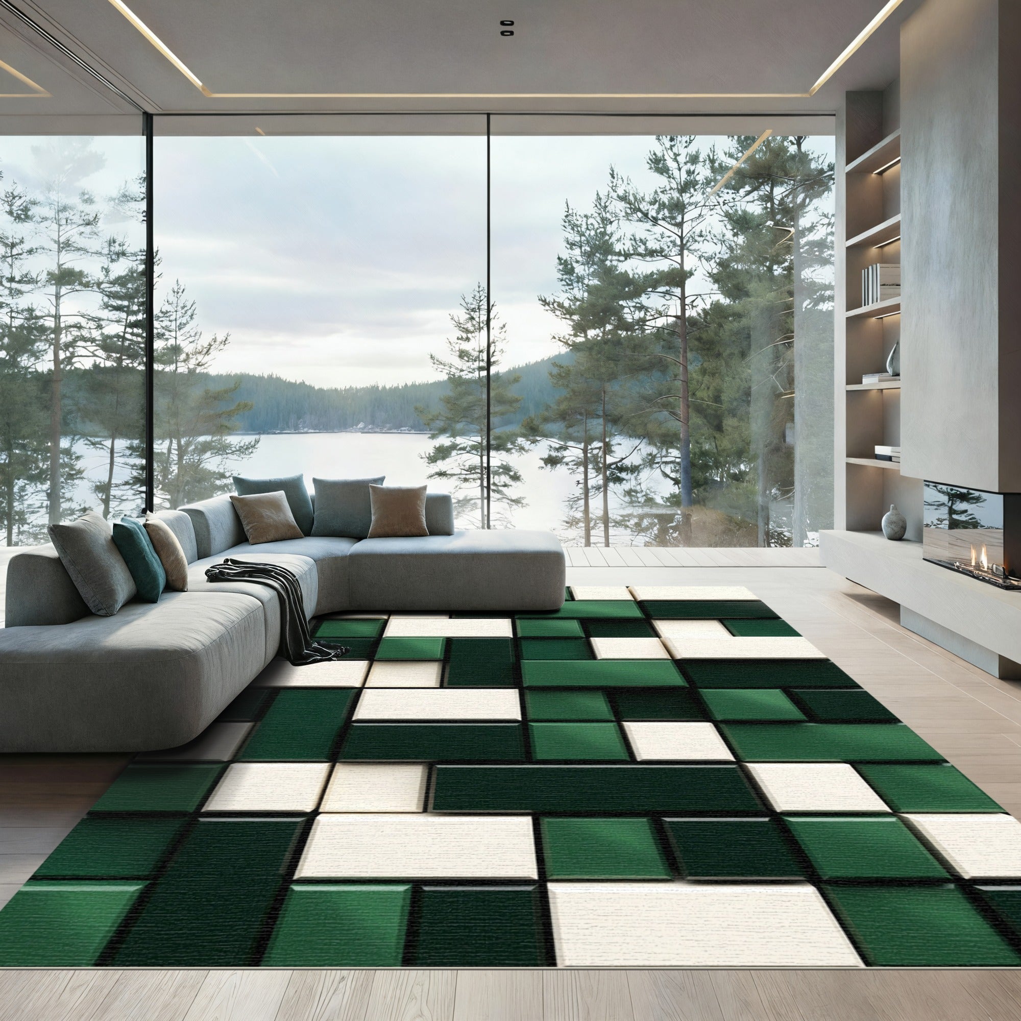 Emerald Green Ivory Geometric Blocks Rug