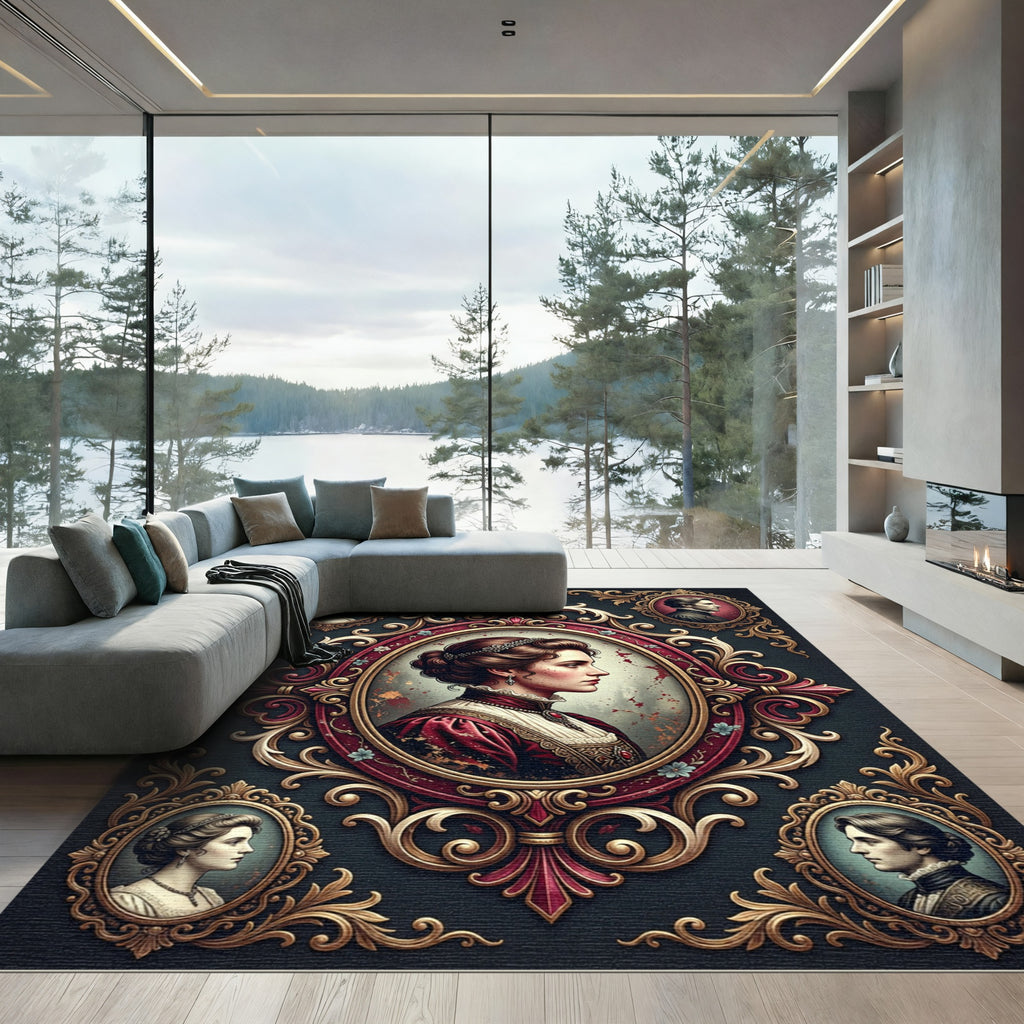 Regal Venetian Portrait Baroque Scrollwork Rug