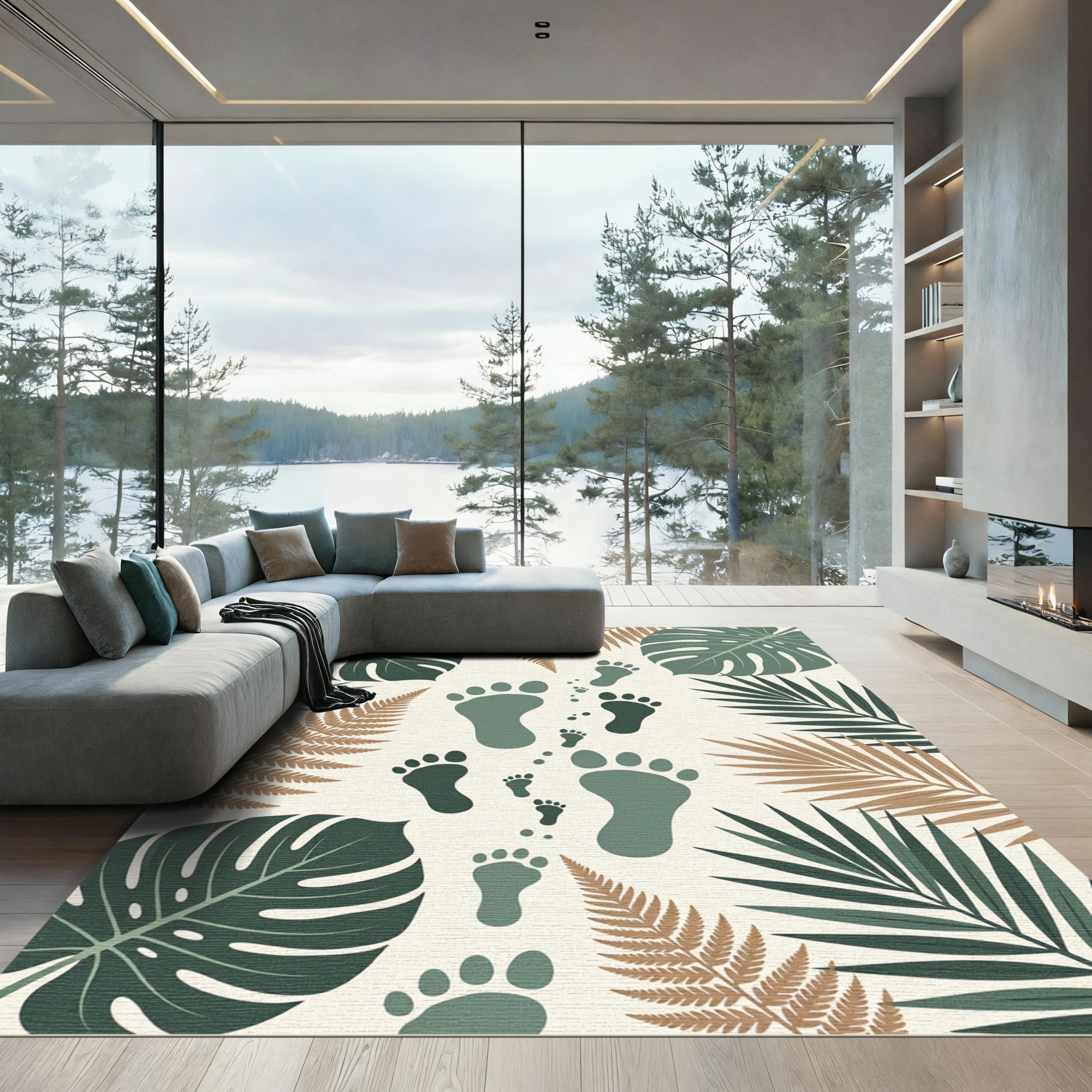 Lush Green Tropical Footprint Foliage Rug