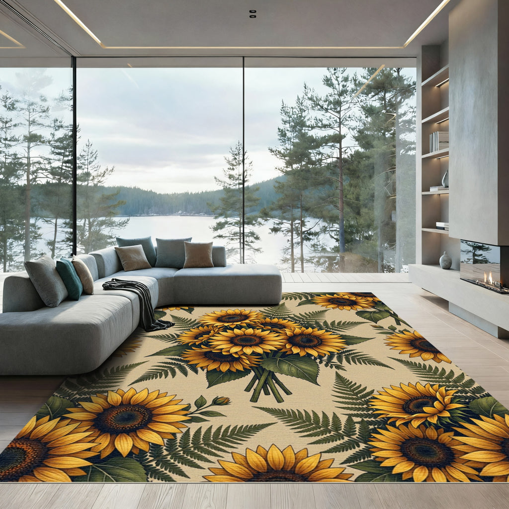 Golden Sunflower and Fern Bouquet Rug