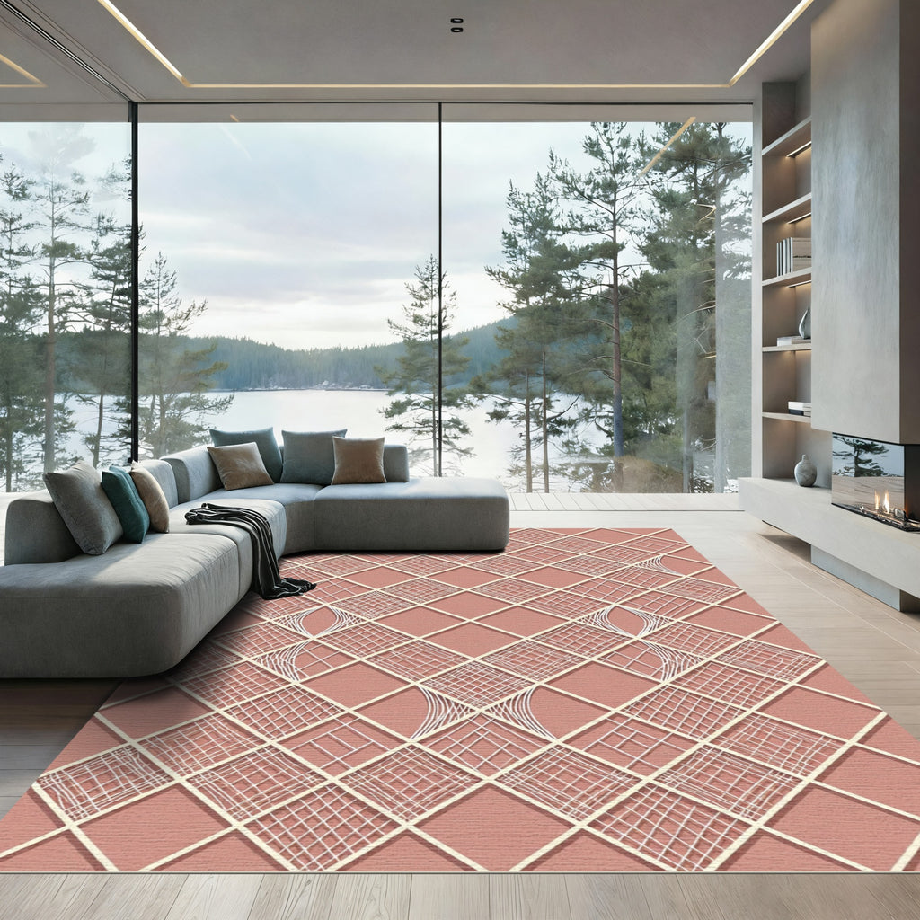 Blush Pink Geometric Lattice Textured Grid Rug