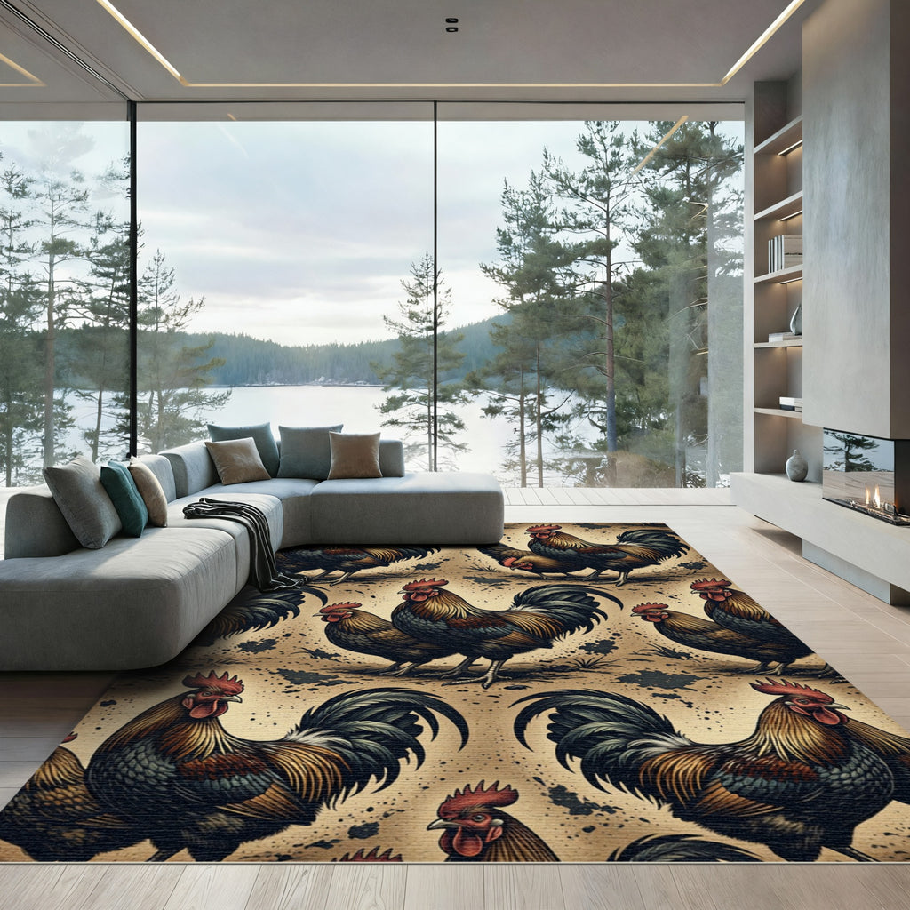 Rustic Farmhouse Rooster Earth Tone Area Rug