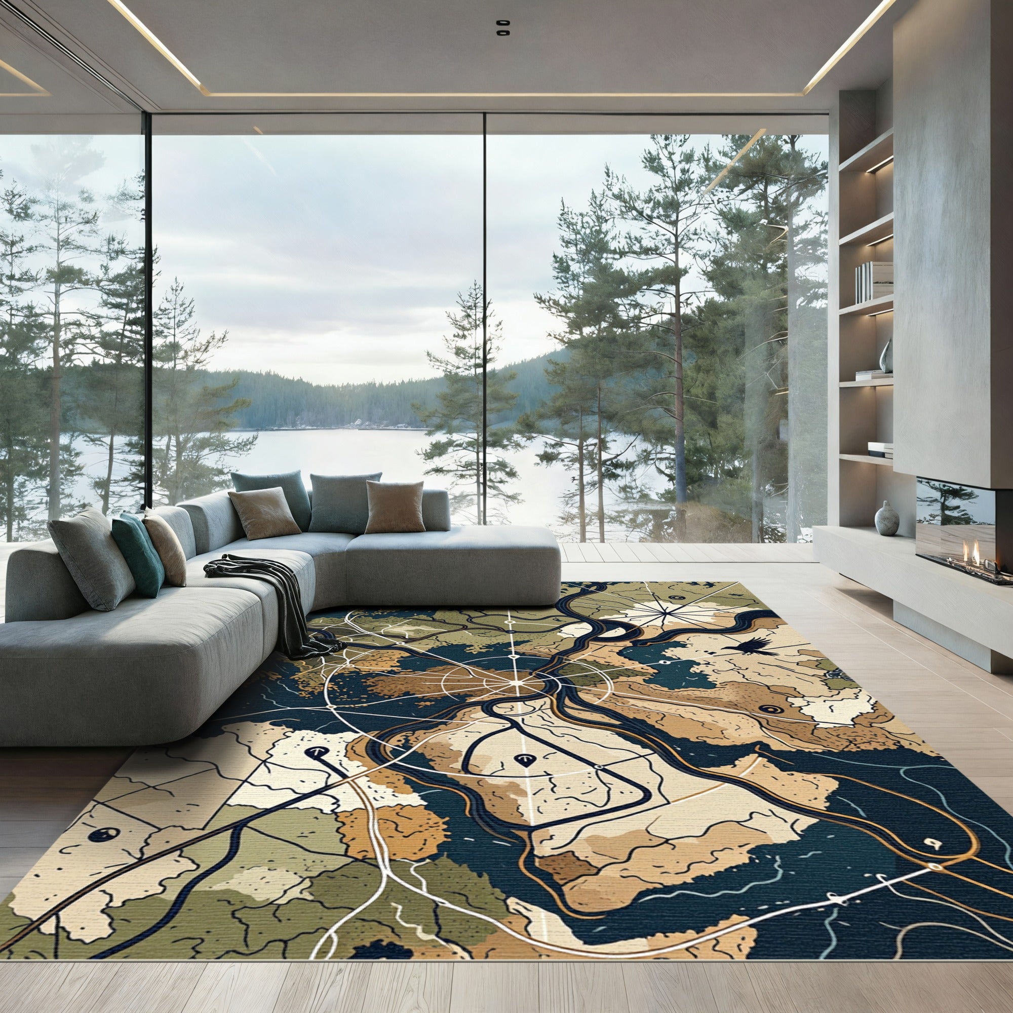 Abstract Topographical Raven Map Rug