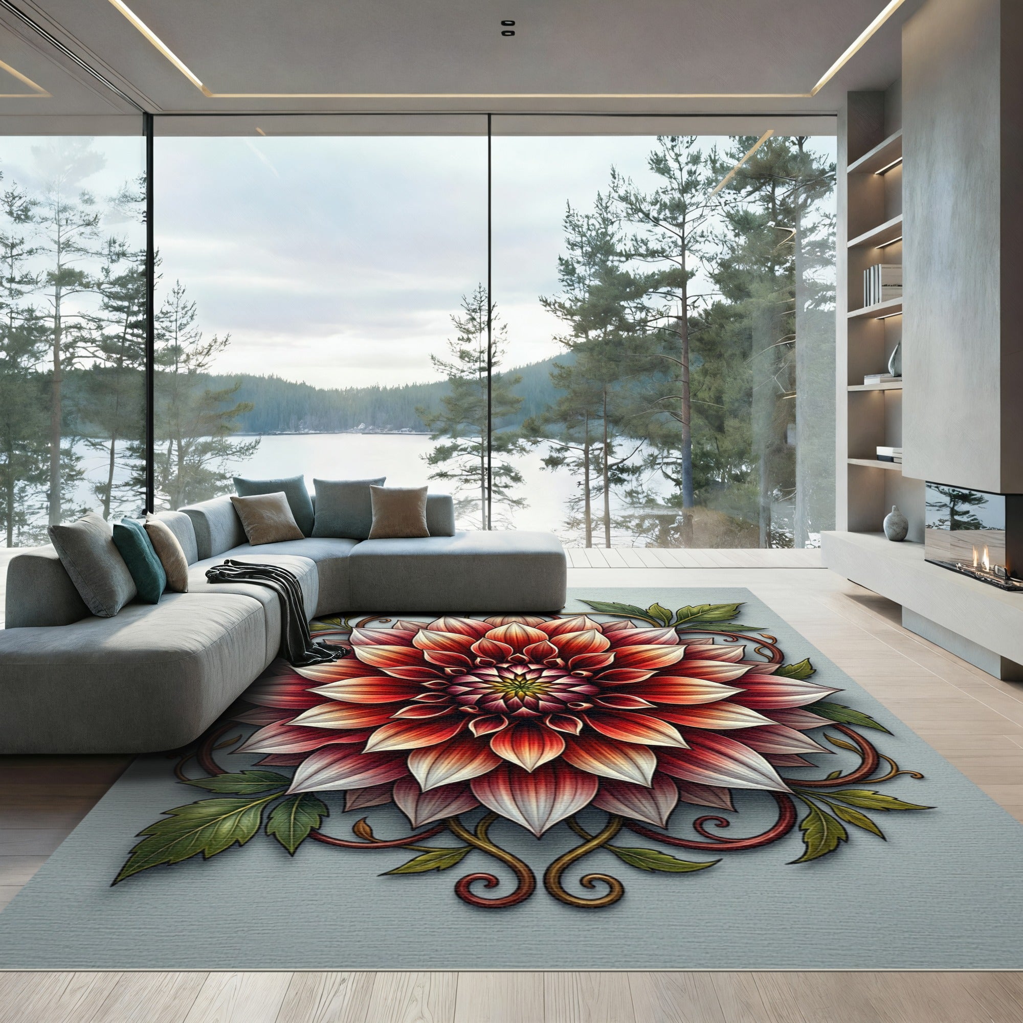 Vibrant Crimson Dahlia Floral Medallion Rug