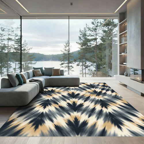 Abstract Charcoal and Gold Ikat Chevron Rug